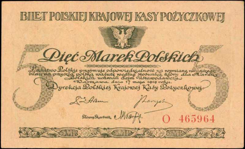 POLAND. Polska Krajowa Kasa Pozyczkowa. 5 Marek, 1919. P-20b. Extremely Fine.

E...