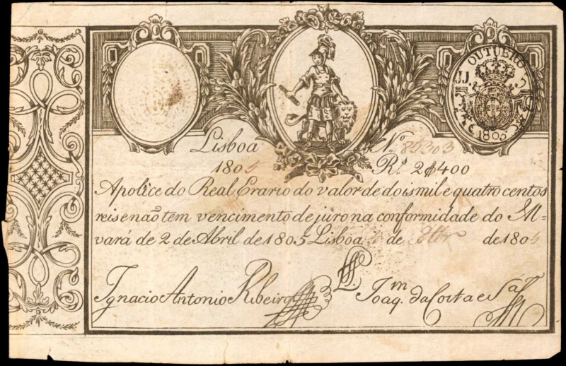PORTUGAL. Imperial Treasury. 2400 Reis, 1805. P-17. Very Fine.

Helmeted warrior...