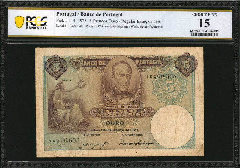 PORTUGAL. Banco de Portugal. 5 Escudos Ouro, 1923. P-114. PCGS Banknote Choice F...
