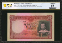 PORTUGAL. Banco de Portugal. 500 Escudos Ouro, 1952. P-158. PCGS Banknote Choice About Uncirculated 58.

Watermark of allegorical head. Printed by BWC...