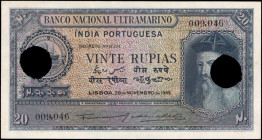 PORTUGUESE INDIA. Banco Nacional Ultramarino. 20 Rupees, 1945. P-37. About Uncirculated.

Just a small hint of circulation on this otherwise pleasing ...