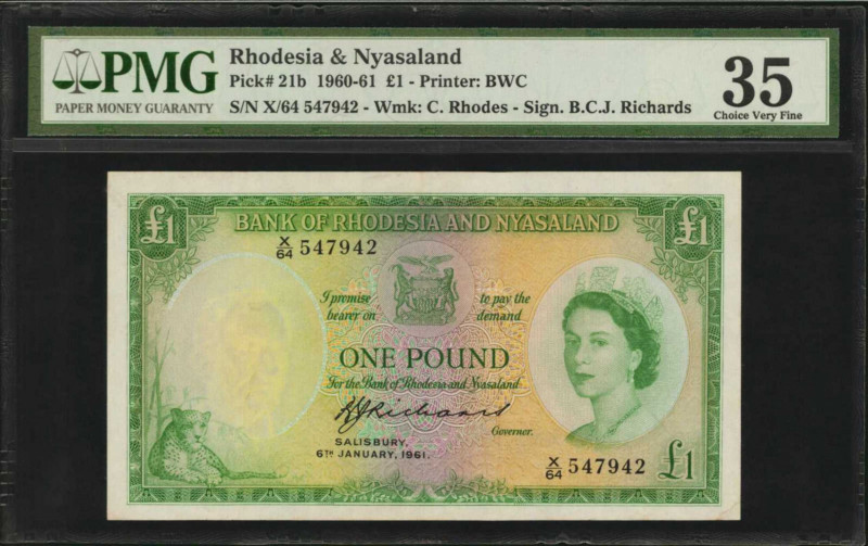 RHODESIA & NYASALAND. Bank of Rhodesia and Nyasaland. 1 Pound, 1960-61. P-21b. P...