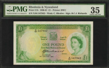 RHODESIA & NYASALAND. Bank of Rhodesia and Nyasaland. 1 Pound, 1960-61. P-21b. PMG Choice Very Fine 35.

Printed by BWC. Watermark of C. Rhodes. Signa...