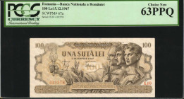 ROMANIA. Banca Nationala a Romaniei. 100 Lei, 1947. P-67a. PCGS Currency Choice New 63 PPQ.

Estimate: $50.00-$100.00