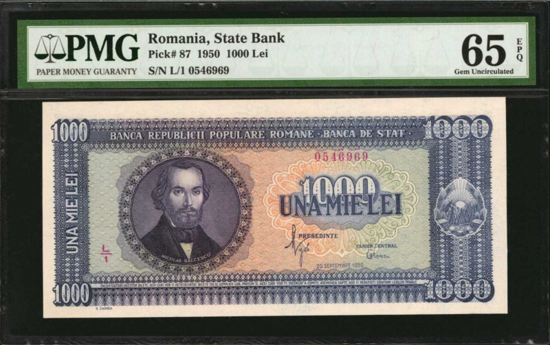 ROMANIA. State Bank. 1000 Lei, 1950. P-87. PMG Gem Uncirculated 65 EPQ.

Estimat...