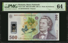 ROMANIA. Banca Nationala a Romaniei. 500 Lei, 2005 (ND 2009). P-123b. PMG Choice Uncirculated 64.

Polymer. Watermark of M. Eminescu.

Estimate: $75.0...