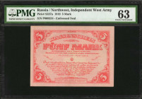 RUSSIA--NORTHWEST RUSSIA. Independent West Army. 5 Mark, 1919. P-S227a. PMG Choice Uncirculated 63.

PMG comments "Foreign Substance."

Estimate: $75....