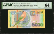 SURINAME. Lot of (5). Centrale Bank van Suriname. 5 to 5000 Gulden, 2000. P-146, 149, 150, 151 & 152. PMG Choice Uncirculated 64 & Superb Gem Uncircul...