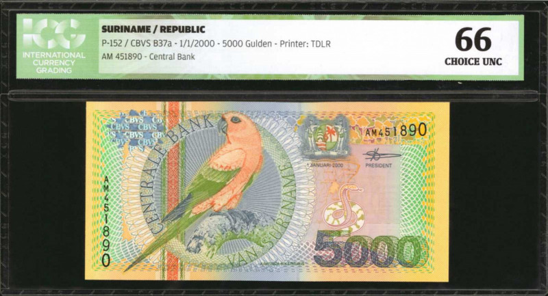 SURINAME. Centrale Bank. 5000 Gulden, 2000. P-152. ICG Choice Uncirculated 66.

...