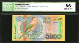 SURINAME. Centrale Bank. 5000 Gulden, 2000. P-152. ICG Choice Uncirculated 66.

Estimate: $100.00-$200.00