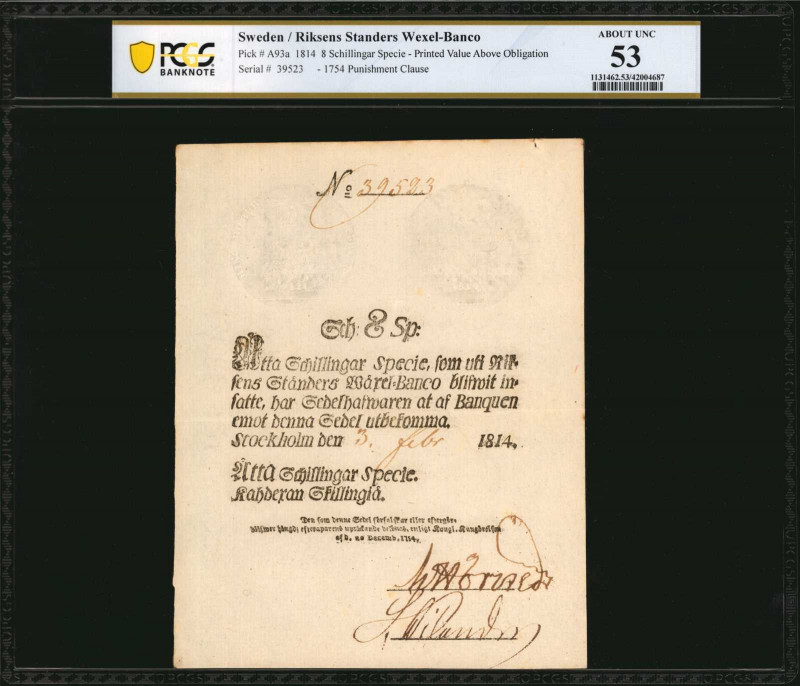 SWEDEN. Riksens Standers Wexel-Banco. 8 Schillingar Specie, 1814. P-A93a. PCGS B...