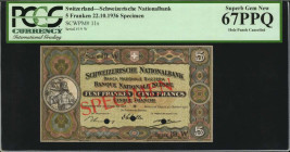 SWITZERLAND. Schweizerische Nationalbank. 5 Franken, 1936. P-11s. Specimen. PCGS Currency Superb Gem New 67 PPQ.

Hole punch cancelled. Specimen.

Est...