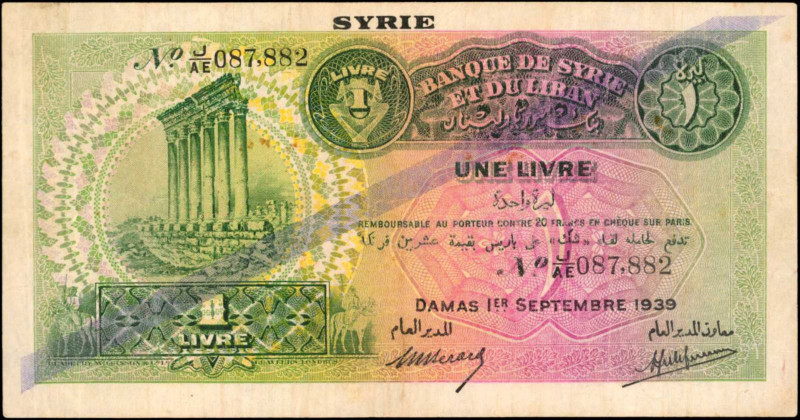 SYRIA. Banque de Syrie et du Liban. 1 Livre, 1939. P-40b. Fine.

Type A-violet o...