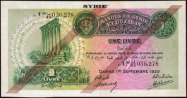 SYRIA. Banque de Syrie et du Liban. 1 Livre, 1939. P-40c. Extremely Fine.

Two diagonal overprints. Staining is noticed in the top margin.

Estimate: ...