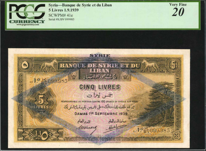 SYRIA. Banque de Syrie et du Liban. 5 Livres, 1939. P-41e. PCGS Currency Very Fi...