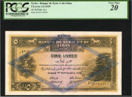 SYRIA. Banque de Syrie et du Liban. 5 Livres, 1939. P-41e. PCGS Currency Very Fine 20.

PMG comments "Small Tear."

Estimate: $50.00-$100.00