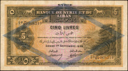 SYRIA. Banque de Syrie et du Liban. 5 Livres, 1939. P-41e. Fine.

A Fine example of this blue overprint variety.

Estimate: $100.00-$200.00