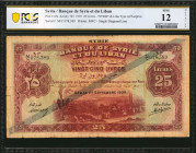 SYRIA. Banque de Syrie et du Liban. 25 Livres, 1939. P-43a. PCGS Banknote Fine 12 Details. Adhesive Residue, Writing in Ink.

"Syrie" and lilac Type A...