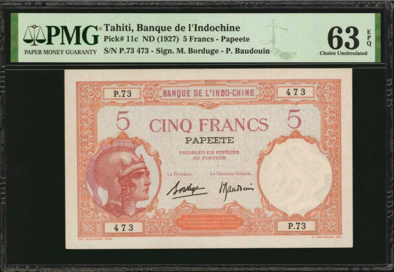 TAHITI. Banque de L'Indo-Chine. 5 Francs, ND (1927). P-11c. PMG Choice Uncircula...