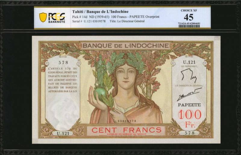 TAHITI. Banque de L'Indo-Chine. 100 Francs, ND (1939-65). P-14d. PCGS Banknote C...