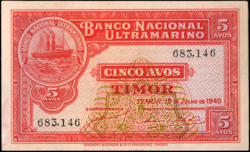 TIMOR. Banco Nacional Ultramarino. 5 Avos, 1940. P-12. Very Fine.

Estimate: $10...