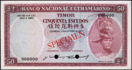 TIMOR. Banco Nacional Ultramarino. 50 Escudos, 1967. P-27ct. Color Trial Specimen. Uncirculated.

Estimate: $100.00-$200.00