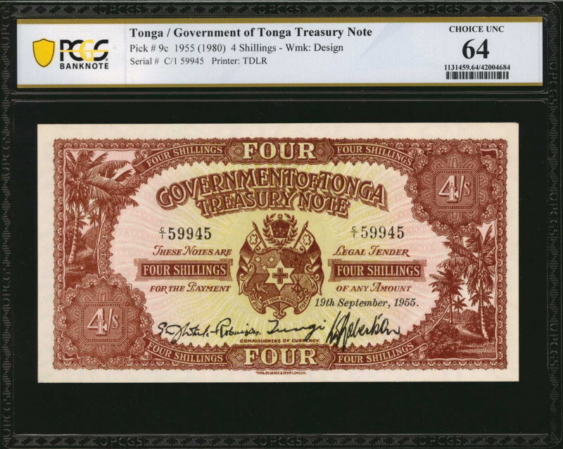 TONGA. Government of Tonga Treasury Note. 4 Shillings, 1955 (ND 1980). P-9c. PCG...