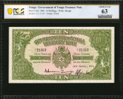 TONGA. Government of Tonga Treasury Note. 10 Shillings, 1960. P-10d. PCGS Banknote Choice Uncirculated 63.

Printed by TDLR. Watermark of design. PCGS...