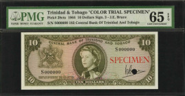 TRINIDAD & TOBAGO. Central Bank of Trinidad and Tobago. 10 Dollars, 1964. P-28cts. Color Trial Specimen. PMG Gem Uncirculated 65 EPQ.

Red specimen ov...