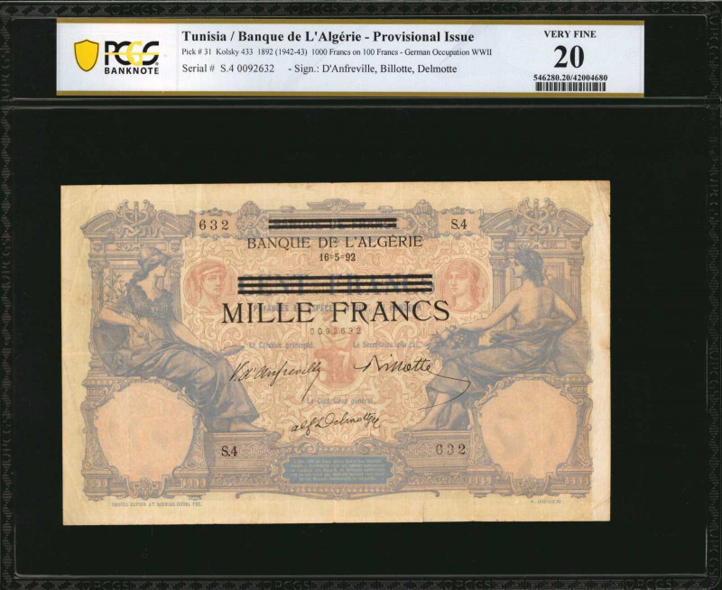 TUNISIA. Banque de L'Algérie. 1000 Francs on 100 Francs, 1892 (1942-43). P-31. P...
