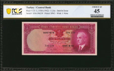 TURKEY. Turkiye Cumhuriyet Merkez Bankasi. 1 Lira, 1930 (1942). P-135. PCGS Banknote Choice Extremely Fine 45.

PCGS Banknote comments "Minor Tape."

...
