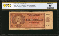 TURKEY. Turkiye Cumhuriyet Merkez Bankasi. 10 Lira, 1930 (1942). P-141. PCGS Banknote Choice Fine 15.

PCGS Banknote comments "Minor Edge Tear."

Esti...