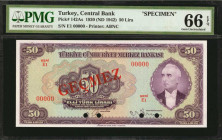 TURKEY. Turkiye Cumhuriyet Merkez Bankasi. 50 Lira, 1930 (ND 1942). P-142As. Specimen. PMG Gem Uncirculated 66 EPQ.

Printed by ABNC. Specimen.

Estim...