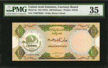 UNITED ARAB EMIRATES. United Arab Emirates Currency Board. 100 Dirhams, ND (1973). P-5a. PMG Choice Very Fine 35.

Printed by TDLR. Watermark of Horse...