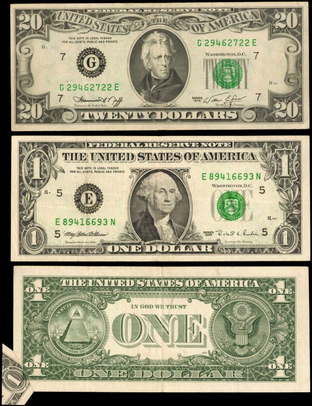 UNITED STATES. Lot of (3). Federal Reserve Notes. 1 & 20 Dollars, 1974-95. P-Unl...