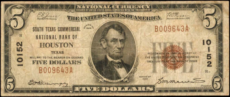 UNITED STATES. South Texas Commercial NB of Houston. 5 Dollars, 1929 Ty. 1. Fr. ...