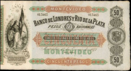 URUGUAY. Banco de Londres y Rio de la Plata. 50 Pesos, 1872. P-S238r. Remainder. Very Fine.

Pinholes and margin wear are noticed.

Estimate: $150.00-...