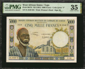 WEST AFRICAN STATES. Banque Centrale des Etats de L'Afrique de L'Ouest. 5000 Francs, ND (1961). P-804Tk. PMG Choice Very Fine 35.

Code Letter T. TOGO...