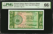 WESTERN SAMOA. Bank of Western Samoa. 1 Tala, 1967. P-16a. PMG Gem Uncirculated 66 EPQ.

Bright green inks.

Estimate: $100.00-$200.00