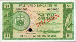 WESTERN SAMOA. Bank of Western Samoa. 1 Tala, ND. P-16ds. Specimen. About Uncirculated.

Specimen No. 31. Red specimen overprint with punch cancellati...