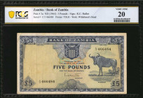 ZAMBIA. Bank of Zambia. 5 Pounds, ND (1964). P-3a. PCGS Banknote Very Fine 20.

Printed by TDLR. Watermark of Wildebeest's head. PCGS Banknote comment...
