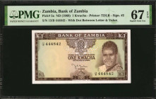 ZAMBIA. Bank of Zambia. 1 Kwacha, ND (1968). P-5a. PMG Superb Gem Uncirculated 67 EPQ.

Not usually seen this nice.

Estimate: $75.00-$150.00