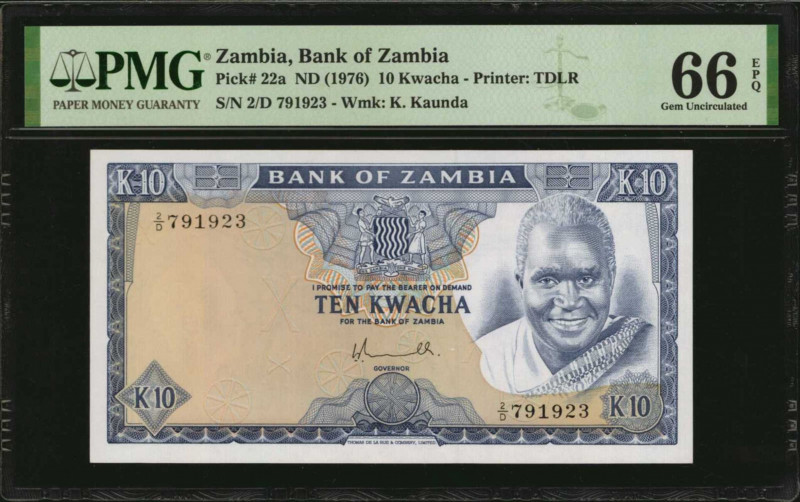 ZAMBIA. Bank of Zambia. 10 Kwacha, ND (1976). P-22a. PMG Gem Uncirculated 66 EPQ...