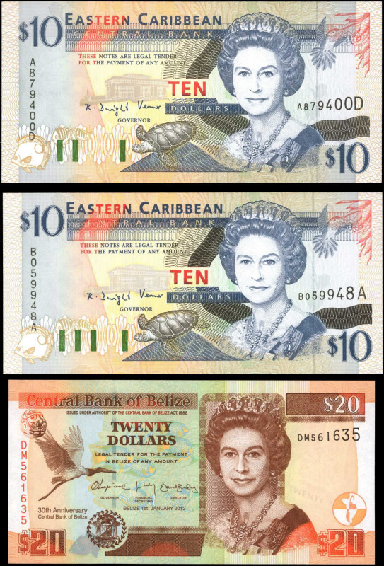 MIXEC LOTS. Lot of (3). Eastern Caribbean & Belize. Mixed Dates. 10 & 20 Dollars...