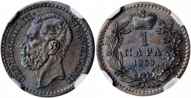 SERBIA. Para, 1868. Obrenovich Michael III. NGC MS-64 Brown.

KM-1.2. Serbia spelled with "TSHE". An attractive little near-Gem with sharp strike, and...