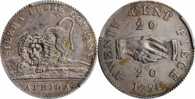 SIERRA LEONE. 20 Cents, 1791. PCGS AU-50 Gold Shield.

KM-4. A sharply struck coin with mottled gray toning, and a slight lamination error at the top ...