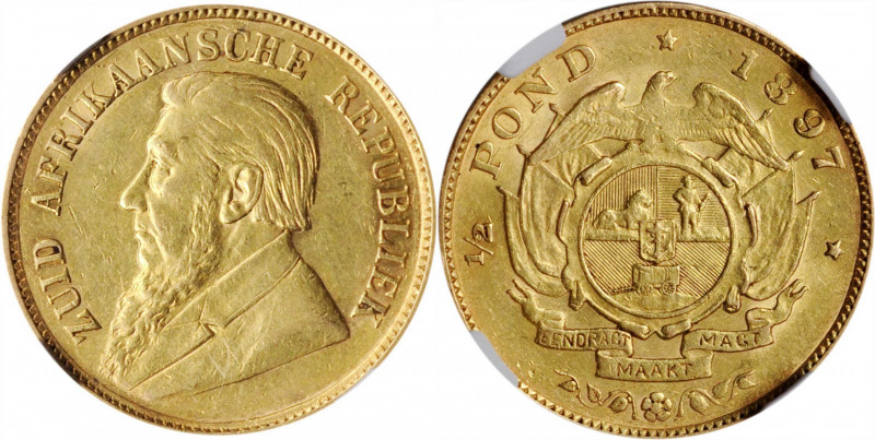 SOUTH AFRICA. 1/2 Pond, 1897. NGC AU-55.

Fr-3; KM-9.2; Hern-Z43. Well struck wi...