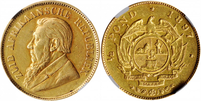 SOUTH AFRICA. 1/2 Pond, 1897. NGC AU Details--Removed from Jewelry.

Fr-3; KM-9....
