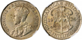 SOUTH AFRICA. 2 Shillings, 1934. NGC AU-58.

KM-22. A wholesome, well struck coin with nearly unbroken luster and a pleasing gray toning with a hint o...