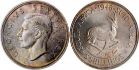 SOUTH AFRICA. 5 Shillings, 1948. PCGS PROOFLIKE-68 Gold Shield.

KM-40.1. An attractive, highly lustrous coin with pervasive speckled, multicolored to...